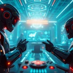 Interactive scene of game AI integration in futuristic gaming environment.