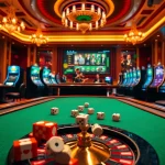 Experience thrilling gambling action with https://f168.blue/ at a luxurious casino atmosphere featuring poker tables and vibrant slots.