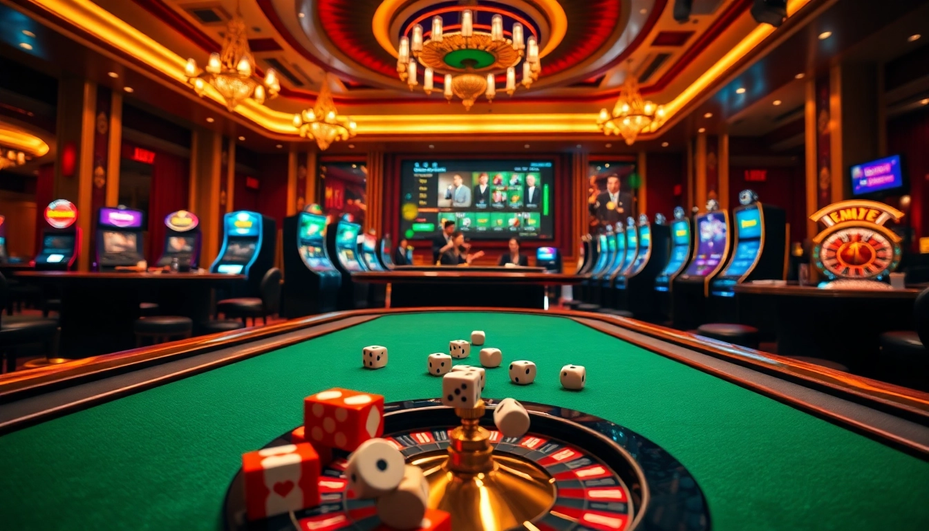 Experience thrilling gambling action with https://f168.blue/ at a luxurious casino atmosphere featuring poker tables and vibrant slots.