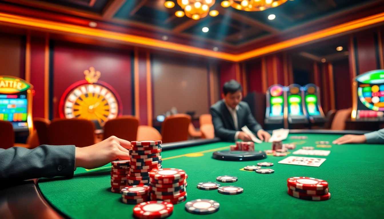 Experience high-stakes poker with TG88 at a luxurious casino, vibrant chips and cards accentuating the thrill.