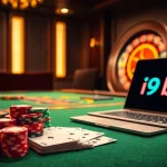 Exciting casino scene showcasing the i9 bet logo on a laptop amidst vibrant poker chips and cards.