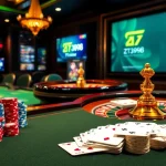 Experience thrill at ZT9398 casino with a poker table and vibrant casino elements.
