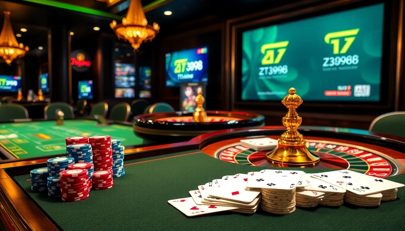 Experience thrill at ZT9398 casino with a poker table and vibrant casino elements.