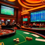 Keo nha cai betting action seen in a luxurious casino setting with vibrant roulette and poker tables.