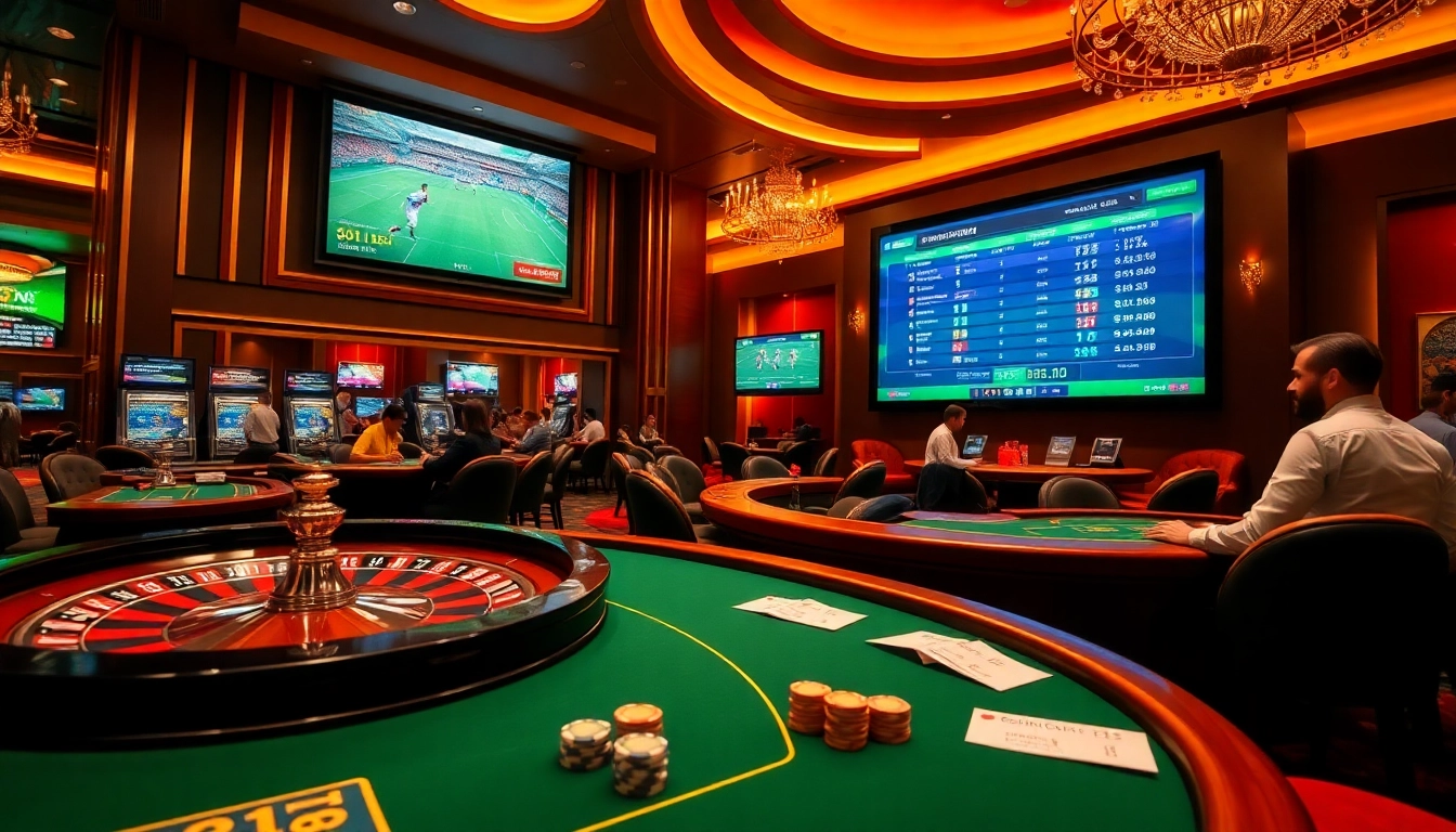 Keo nha cai betting action seen in a luxurious casino setting with vibrant roulette and poker tables.