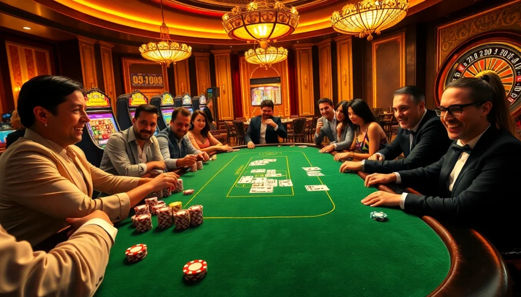 Excited players strategize over the high-stakes j88 poker table, illuminated by luxurious casino lights.