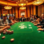 Excited players strategize over the high-stakes j88 poker table, illuminated by luxurious casino lights.