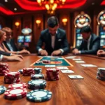 Strategically placing bets at a five88 poker table amidst thrilling casino ambiance.
