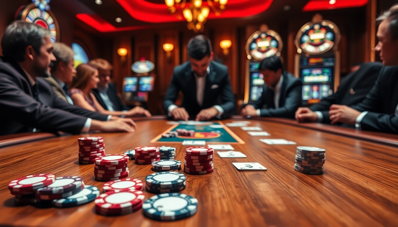 Strategically placing bets at a five88 poker table amidst thrilling casino ambiance.