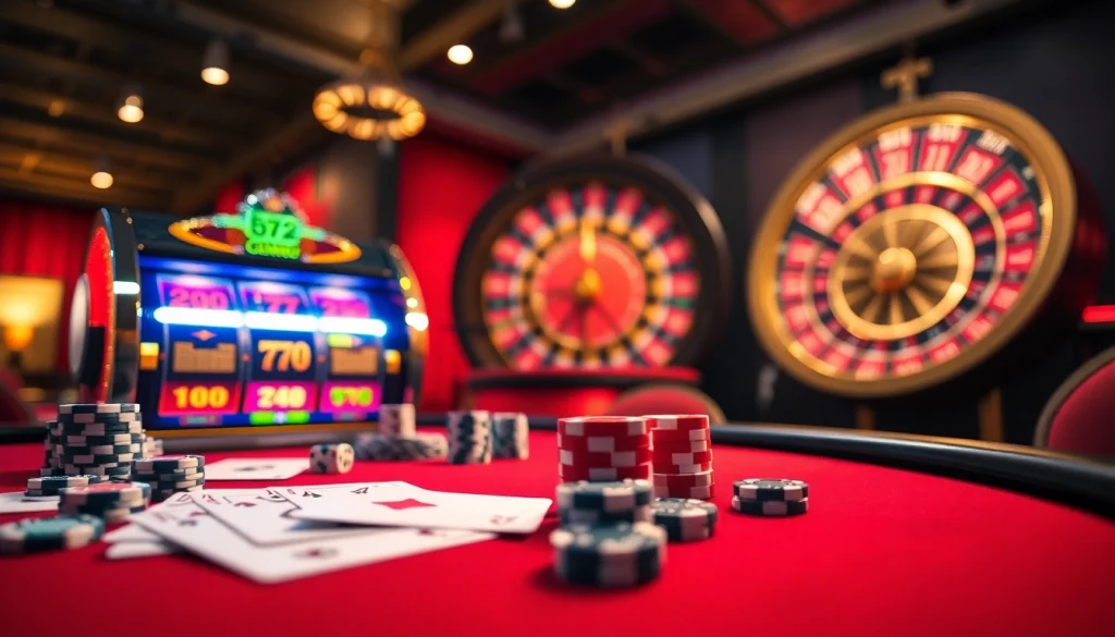 Engaging scene of b52club showcasing a casino table with cards, poker chips, and a roulette wheel.