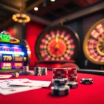 Engaging scene of b52club showcasing a casino table with cards, poker chips, and a roulette wheel.