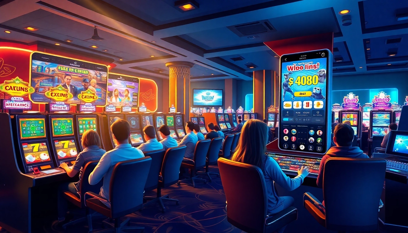 Exciting gaming experience at 98winwin.live showcasing sports betting and slot machines in a lively casino atmosphere.