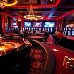 Experience the excitement of casino e2bet with players at roulette and poker tables amidst a luxurious environment.