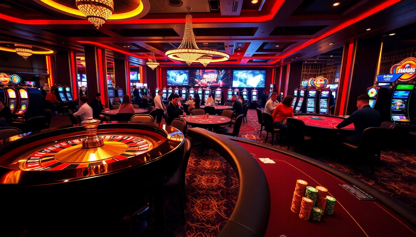 Experience the excitement of casino e2bet with players at roulette and poker tables amidst a luxurious environment.