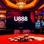 U888 online gambling action at a vibrant casino with poker tables and slot machines.