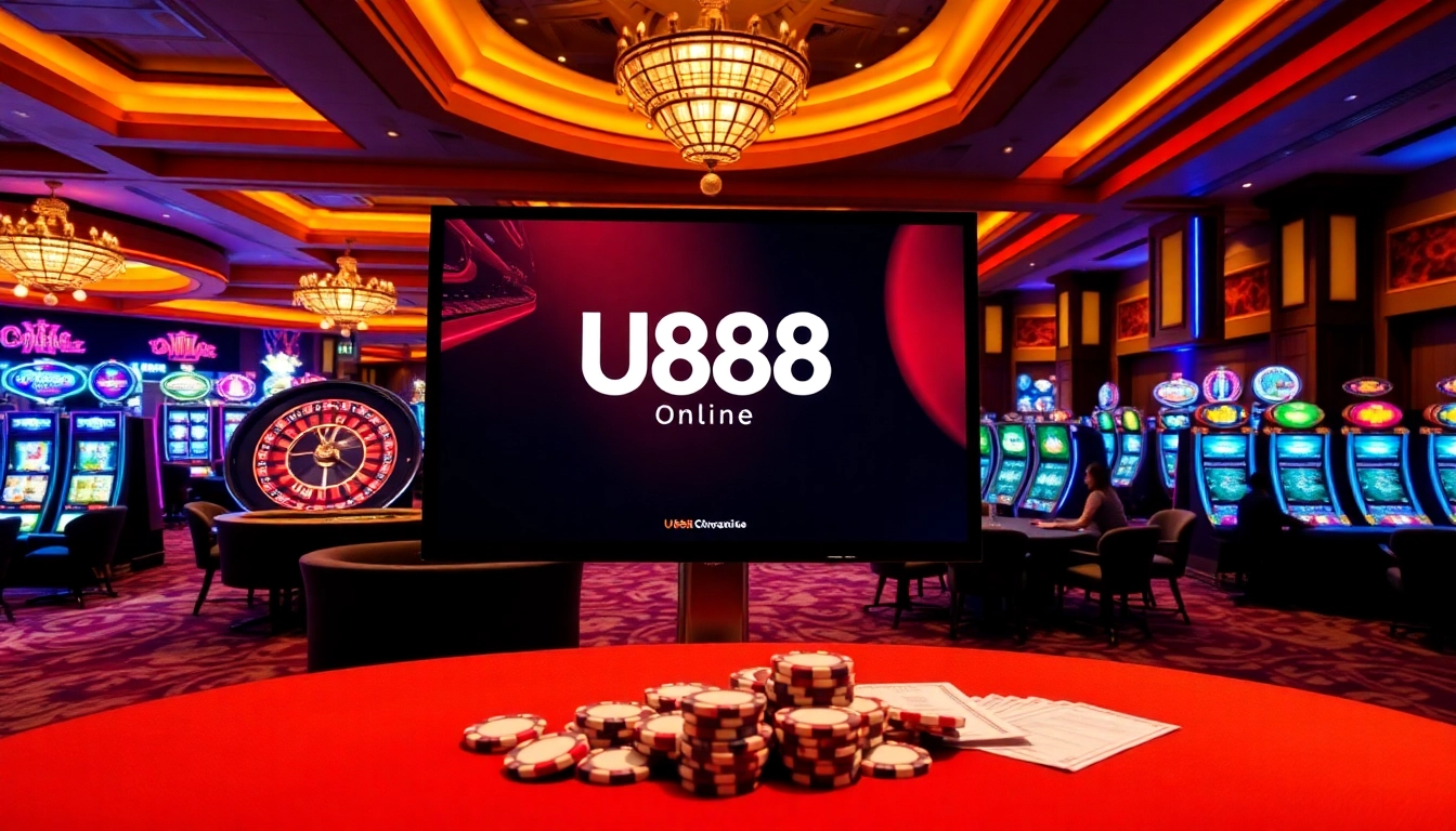 U888 online gambling action at a vibrant casino with poker tables and slot machines.