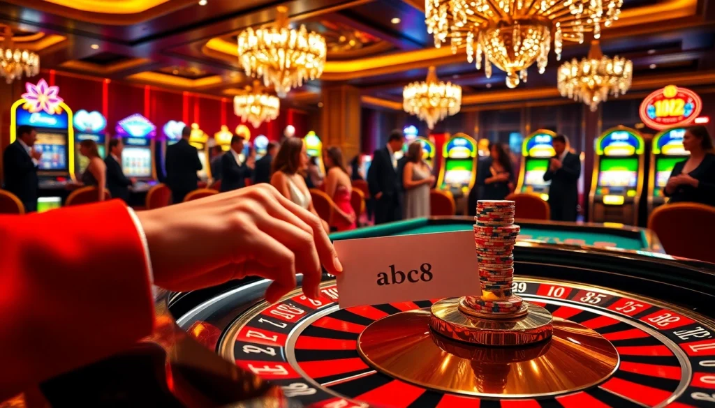 Players place bets at a luxurious casino table, featuring ABC8 chips.