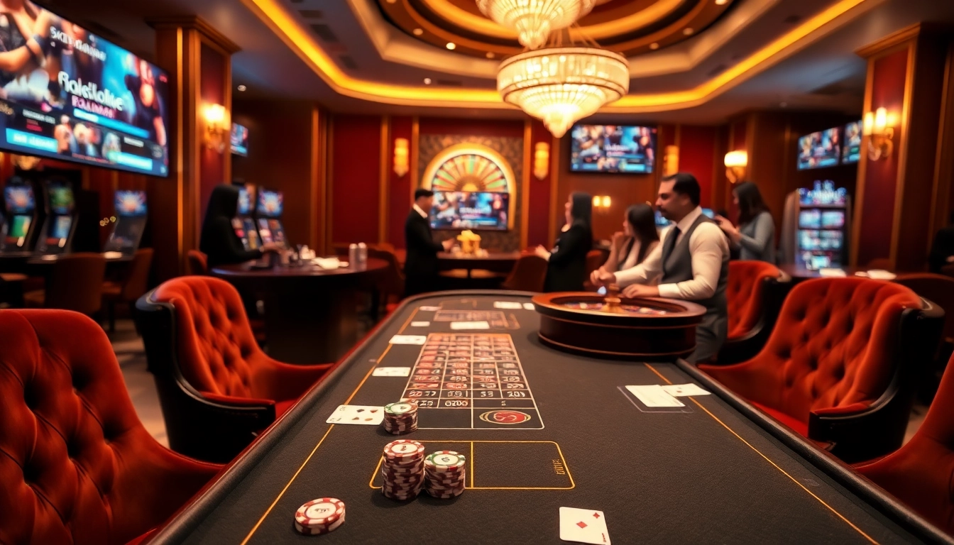 Exciting casino scene with poker chips and online interface from rikvip.gb.net.