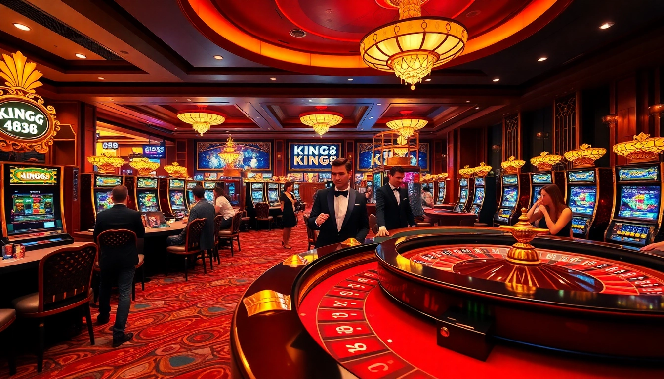 Engaging casino scene highlighting KING88 excitement with roulette tables and eager players.