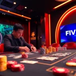 Experience high-stakes poker action at FIVE88's luxurious casino tables, featuring vibrant chips and cards.