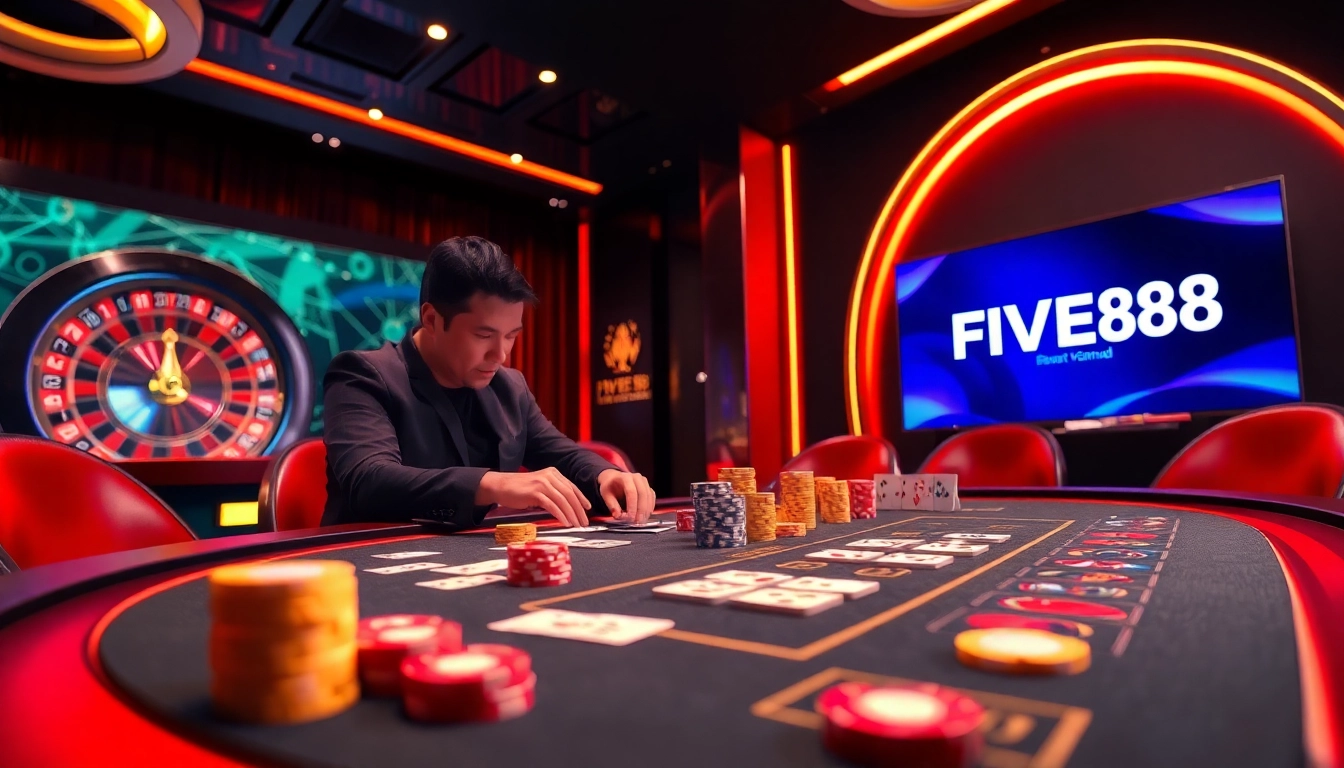 Experience high-stakes poker action at FIVE88's luxurious casino tables, featuring vibrant chips and cards.