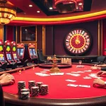 Experience the thrill of gambling with Luckywin88 at a luxurious casino table with vibrant games.