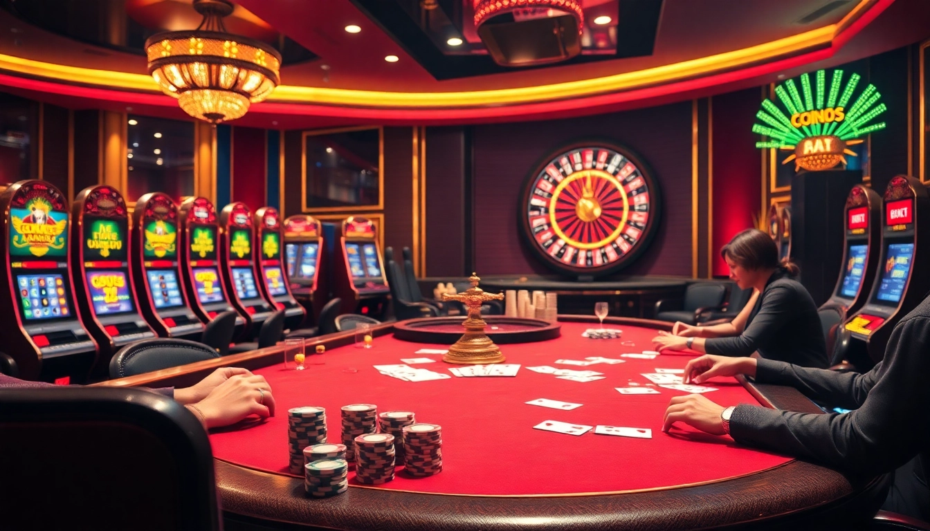 Experience the thrill of gambling with Luckywin88 at a luxurious casino table with vibrant games.