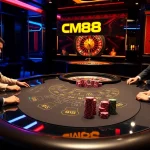 Engage with CM88 at a vibrant casino scene featuring an elegant blackjack table and spinning roulette.