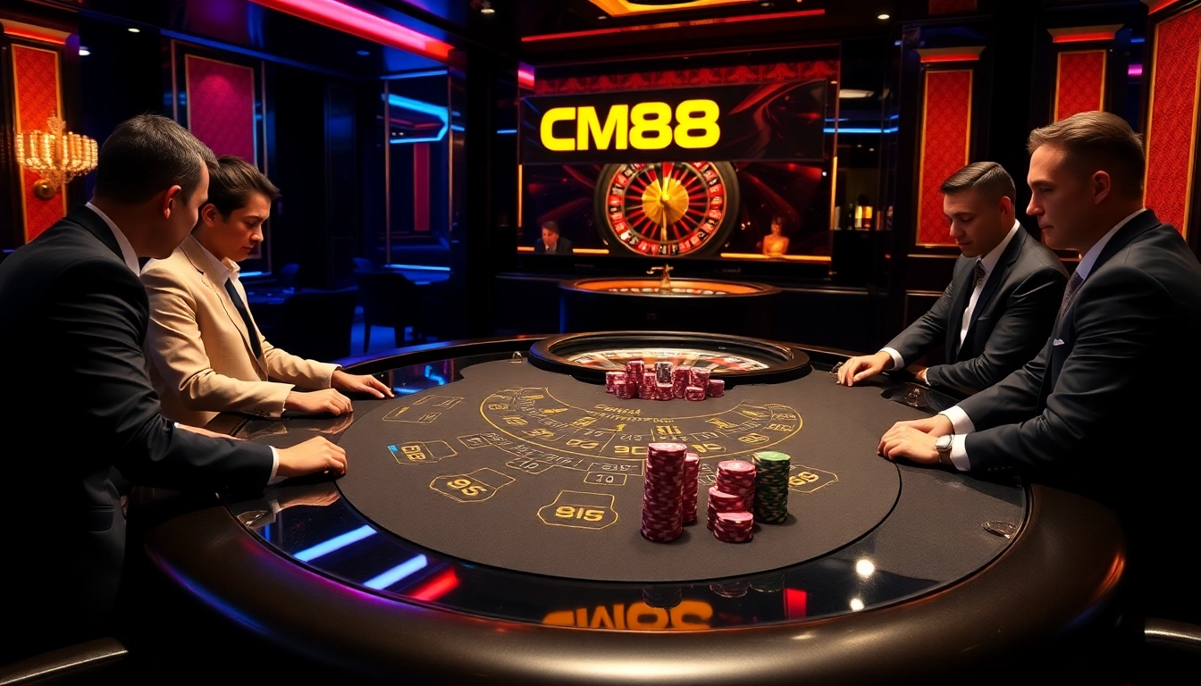 Engage with CM88 at a vibrant casino scene featuring an elegant blackjack table and spinning roulette.