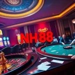 Experience the thrilling atmosphere of NH88 with players engaged at a poker table in a luxurious casino.