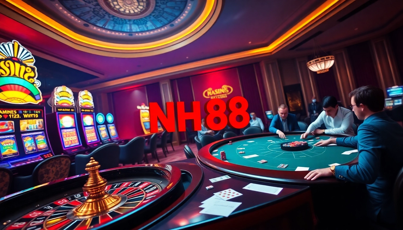 Experience the thrilling atmosphere of NH88 with players engaged at a poker table in a luxurious casino.