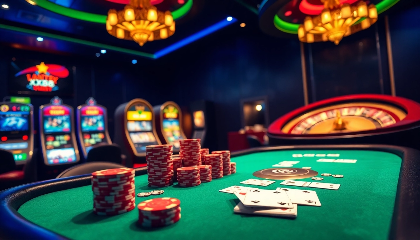 Experience the excitement of nhà cái XX88 with a luxurious online casino scene featuring poker, slots, and roulette.