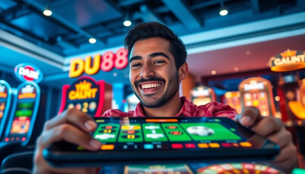 Dynamic user engagement with DU88 sports betting and gaming platform, showcasing excitement and modern design.