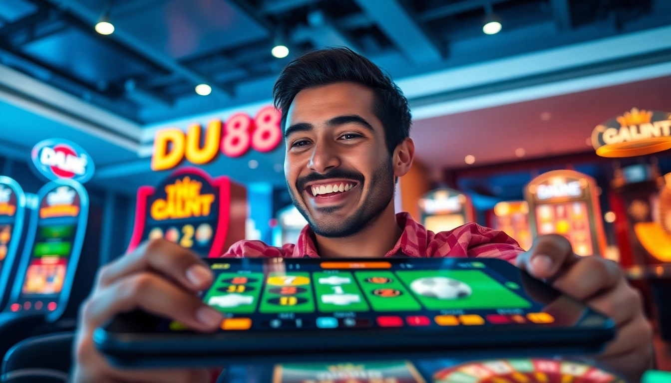 Dynamic user engagement with DU88 sports betting and gaming platform, showcasing excitement and modern design.
