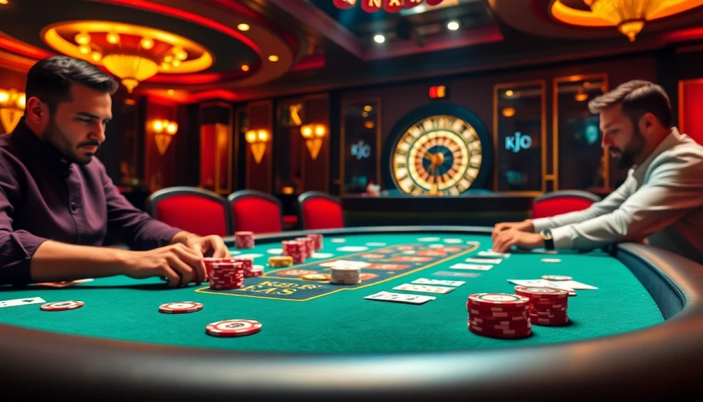 KJC poker players strategizing at a luxurious casino table, vibrant chips and cards in play.