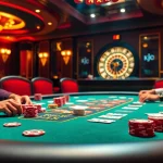 KJC poker players strategizing at a luxurious casino table, vibrant chips and cards in play.