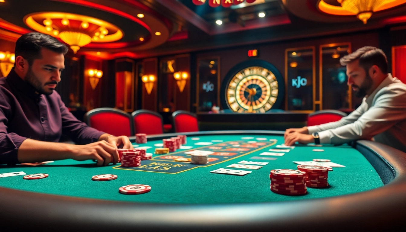 KJC poker players strategizing at a luxurious casino table, vibrant chips and cards in play.