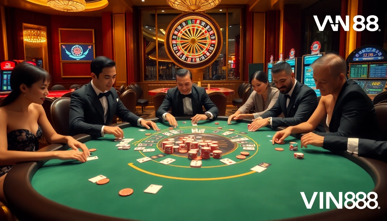 Engage with thrilling VIN88 casino action at a luxurious poker table, showcasing vibrant gameplay.