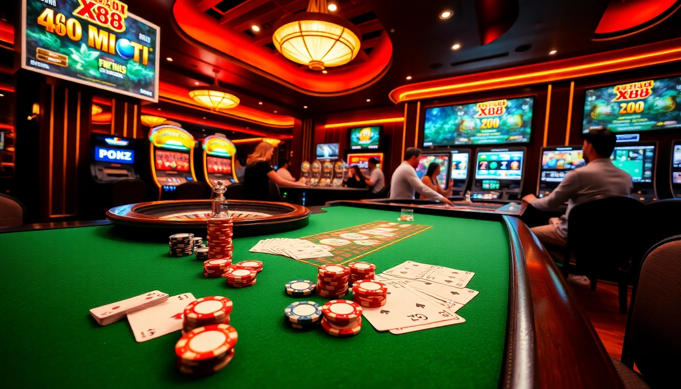 Experience the excitement of Nhà Cái X88 with vibrant casino visuals, featuring roulette, slots, and poker.