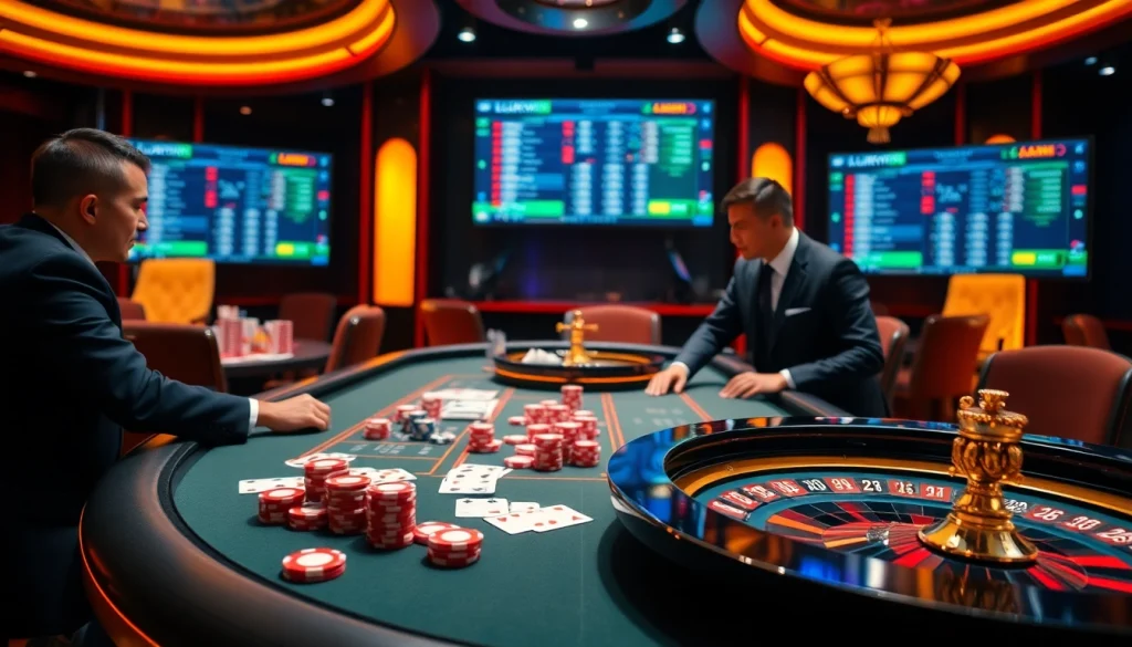 Luckywin casino game scene showcasing thrilling card play and vibrant poker chips.
