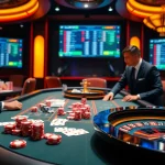 Luckywin casino game scene showcasing thrilling card play and vibrant poker chips.