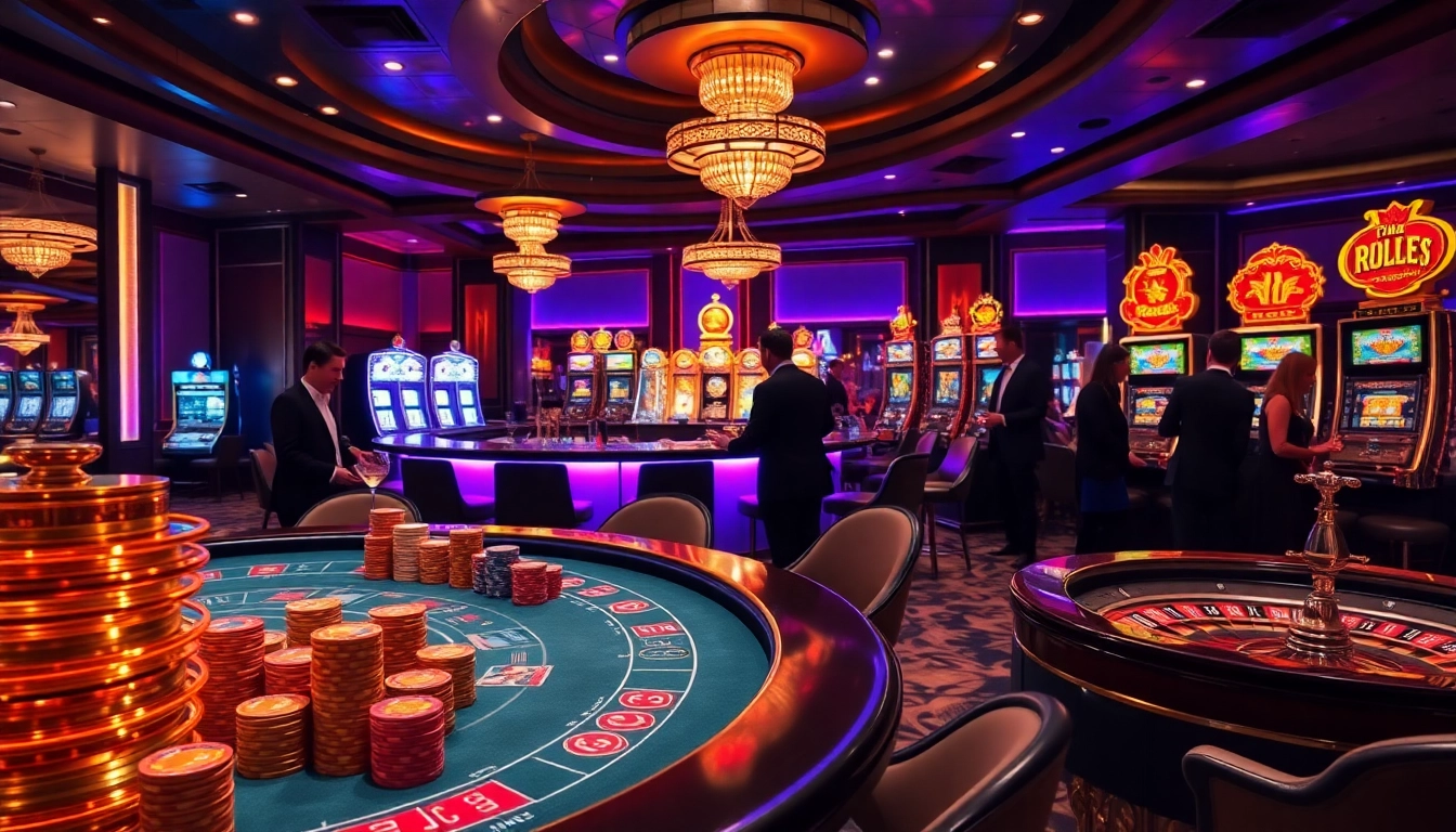 Players enjoying a thrilling game at HITCLUB casino with vibrant slot machines and poker tables.