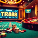 Experience the excitement of high-stakes gambling with TR88 poker chips and rolling dice at a luxurious casino table.