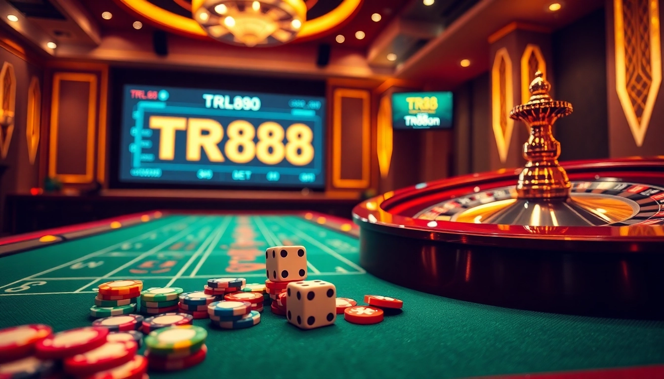 Experience the excitement of high-stakes gambling with TR88 poker chips and rolling dice at a luxurious casino table.