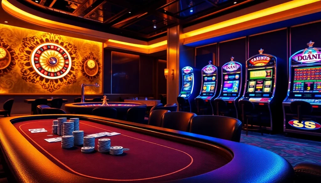 S8 casino scene showcasing luxurious poker, roulette, and slot elements in vibrant ambiance.