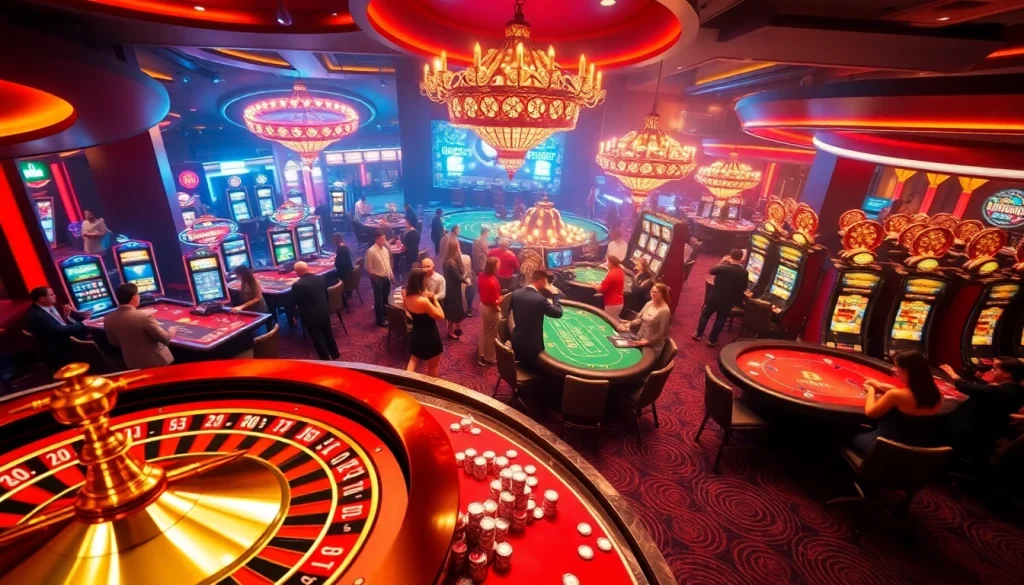 Exciting b52 casino scene with players at roulette and poker tables celebrating wins and placing bets.