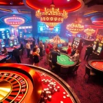 Exciting b52 casino scene with players at roulette and poker tables celebrating wins and placing bets.