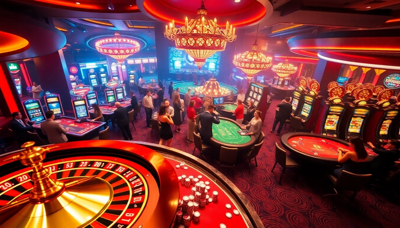 Exciting b52 casino scene with players at roulette and poker tables celebrating wins and placing bets.