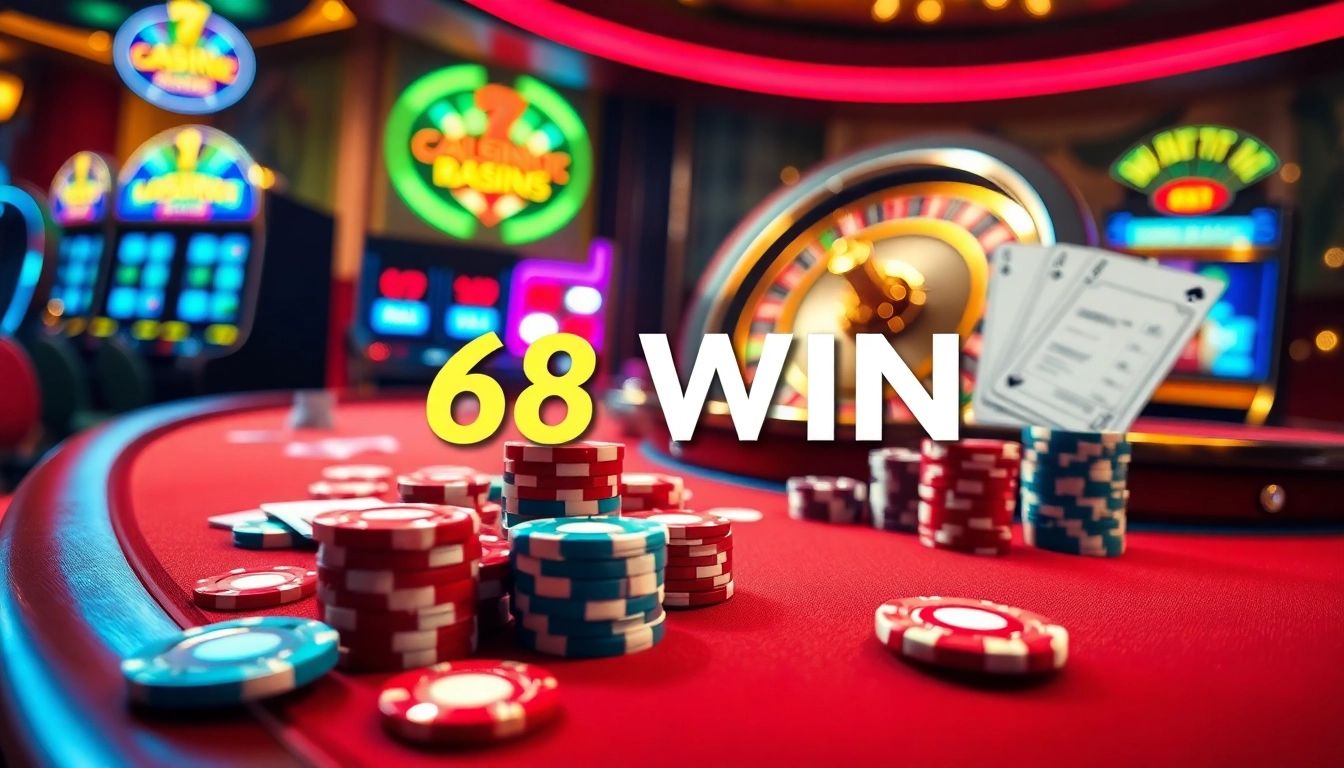 Players engaging in a vibrant game at the 68WIN casino table, surrounded by colorful chips and excitement.