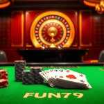 Engage in an exciting casino atmosphere with FUN79 poker, illuminated tables, and vibrant chips.
